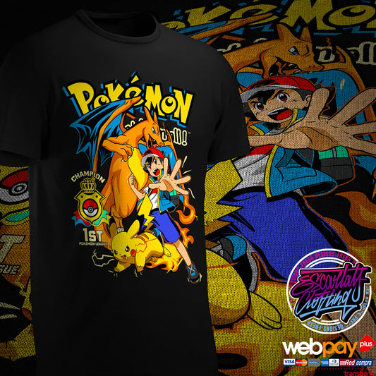 POLERA ASH, PIKACHU Y CHARIZARD - POKEMON